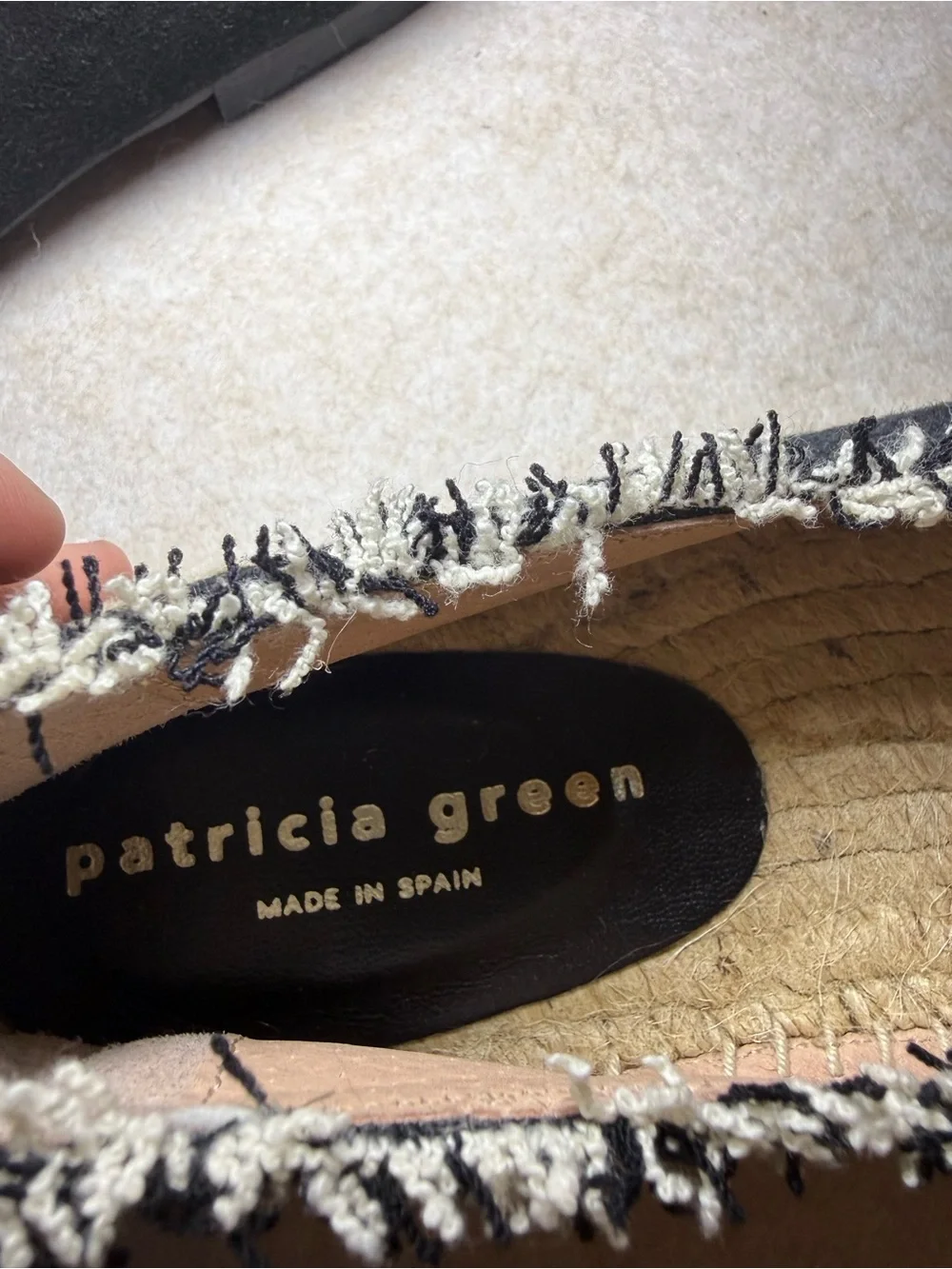 Patricia Green Black Tan Espadrille Mules Flats Loafers Frayed Trim Size US 10